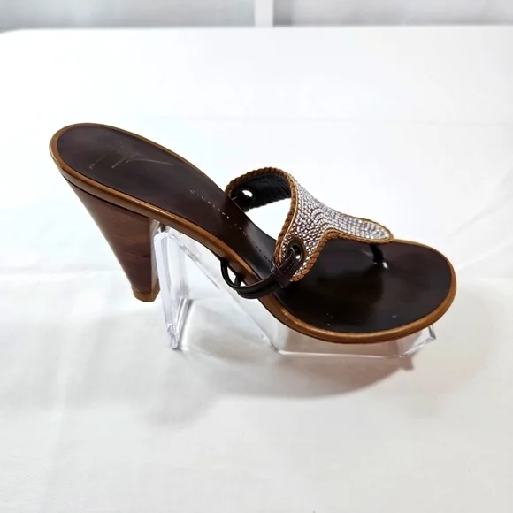 Giuseppe Zanotti Brown Leather Diamond Detail Sandals Size 8.5 - Picture 6 of 7